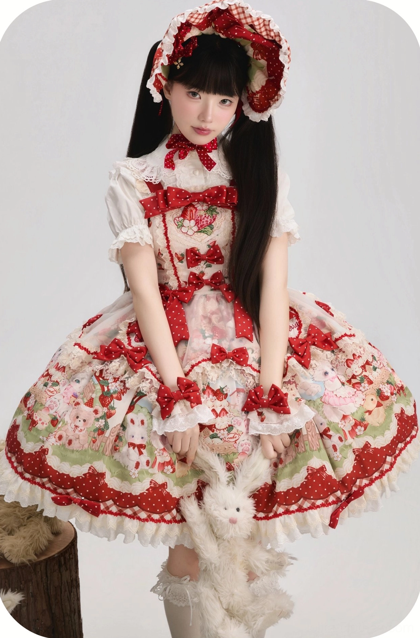 Strawberry Lolita JSK dress with bonnet front medium shot on white background, paired with ruffled long-sleeve inner blouse, holding white lace parasol, full strawberry print skirt showcasing complete ensemble styling
