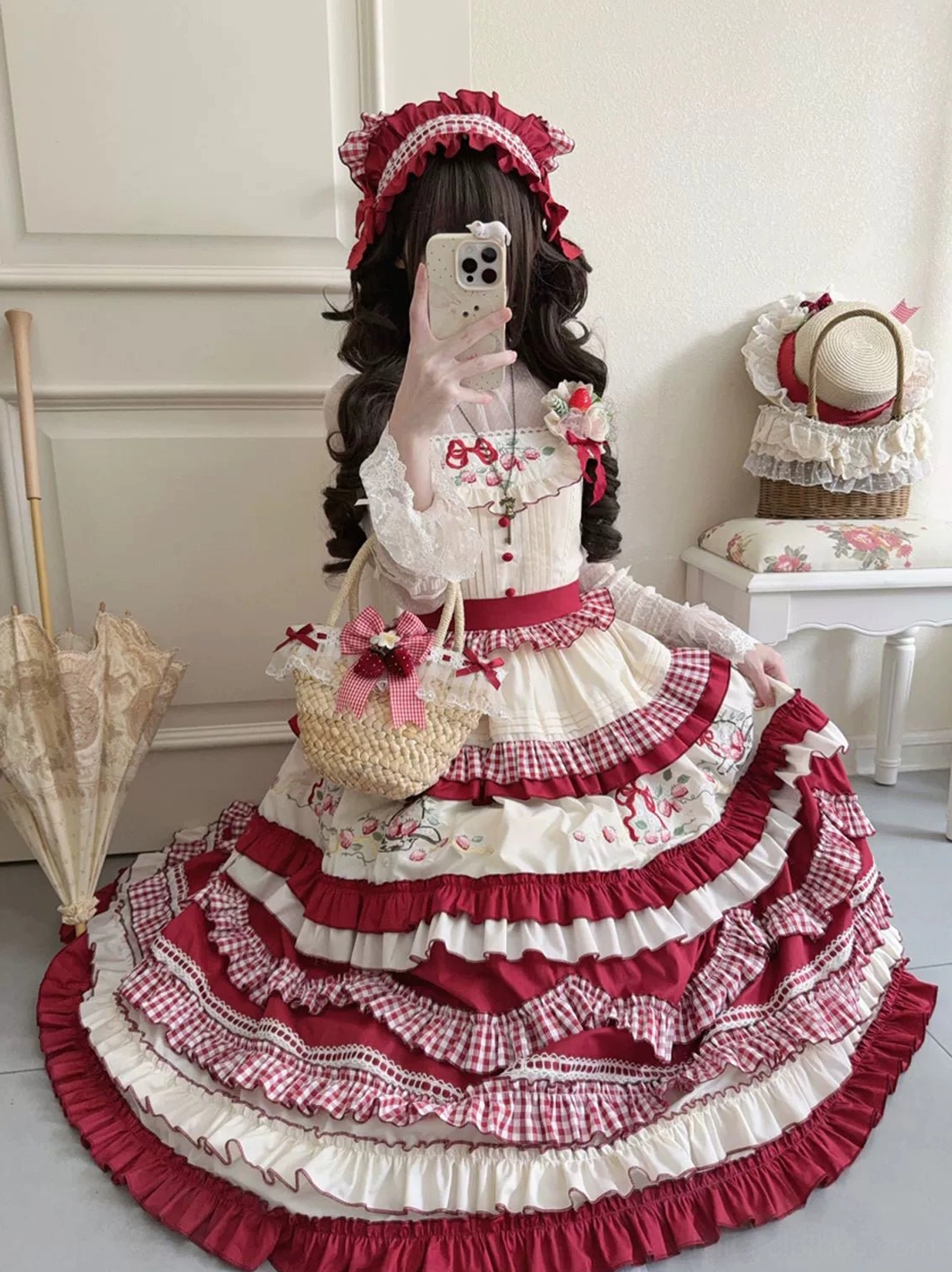Country lolita JSK dress with lace inner blouse strawberry embroidery gingham trim high angle mirror selfie bonnet