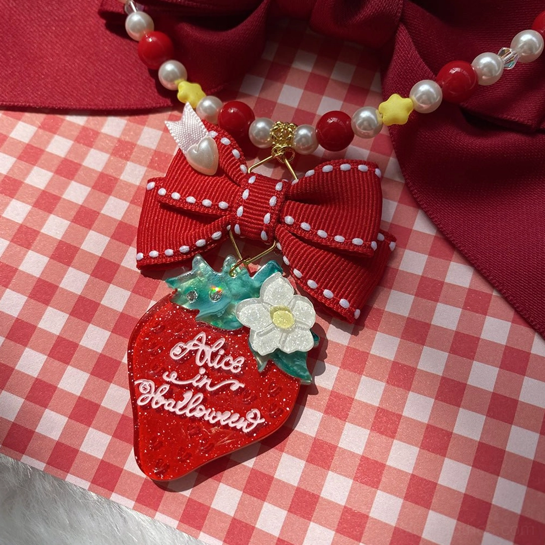 Strawberry lolita necklace red bow mixed bead chain classic pendant on red gingham checkered fabric