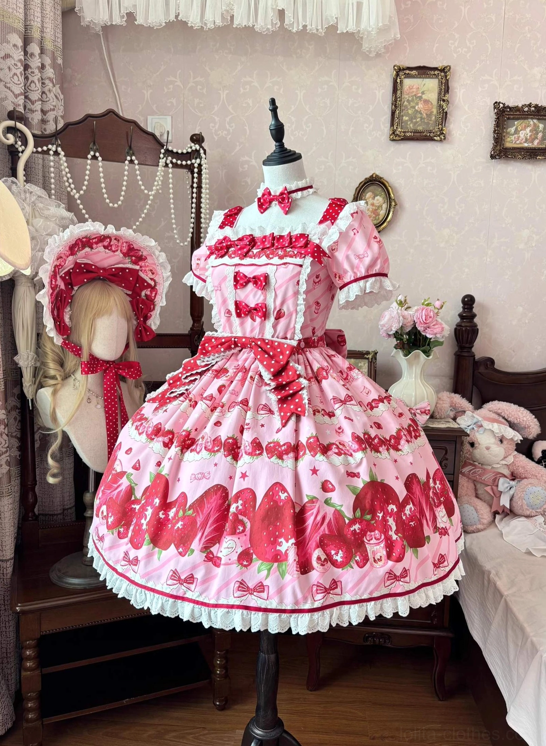 Strawberry lolita one-piece dress front static display with matching headwear small neck bow red polka dots large front waist bow strawberry print dress form