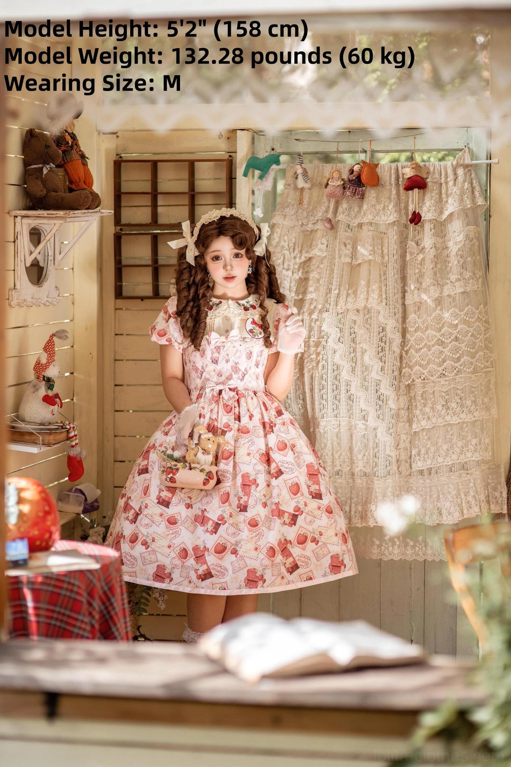 Strawberry Lolita OP dress full costume coordinate styling guide showing complete outfit with white platform shoes, lace headdress, matching legwear, accessories for authentic sweet lolita look