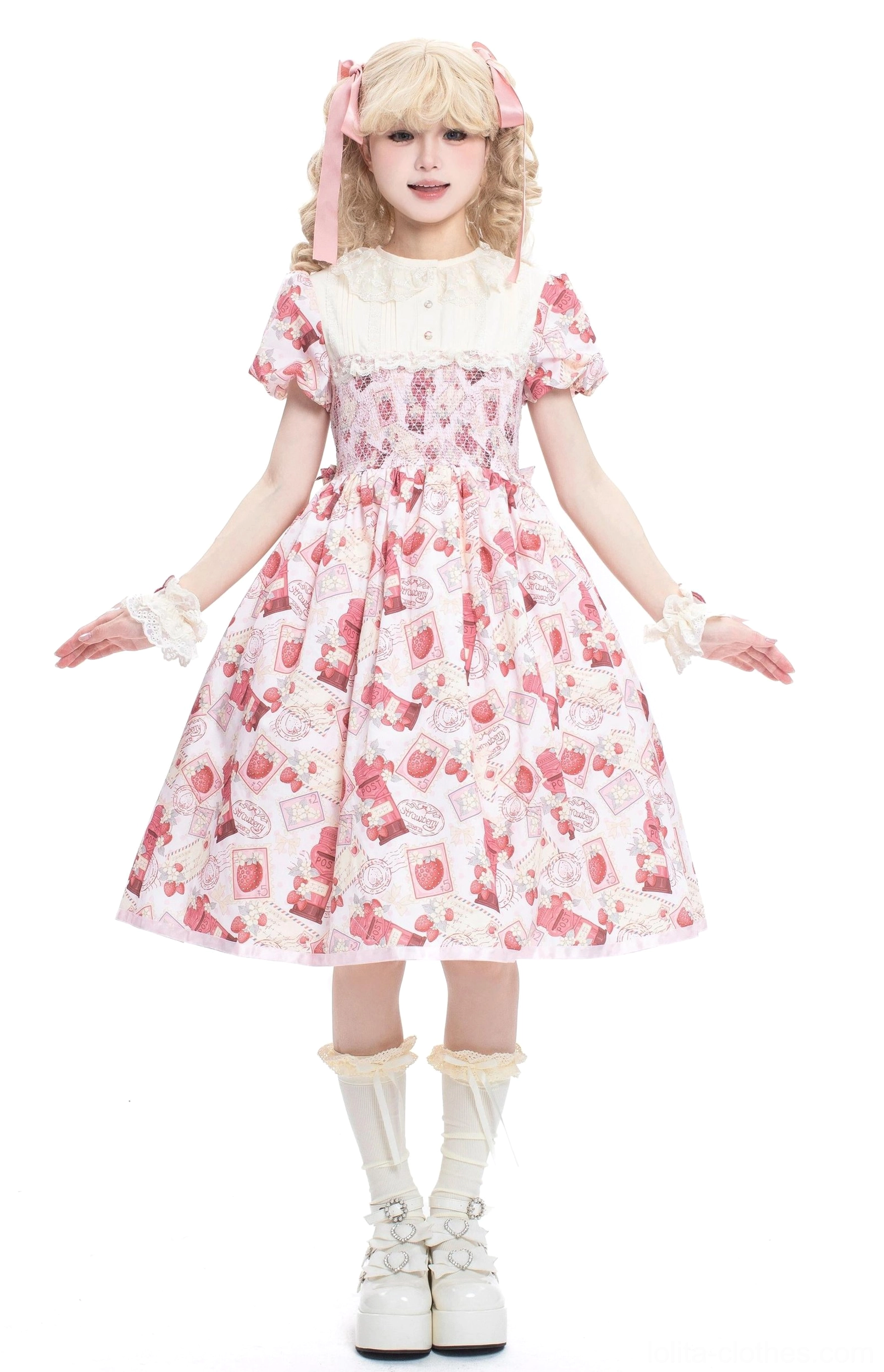 Strawberry print Lolita OP dress waist tie detail showing detachable ribbon accent, adjustable closure, customizable silhouette option for personal styling