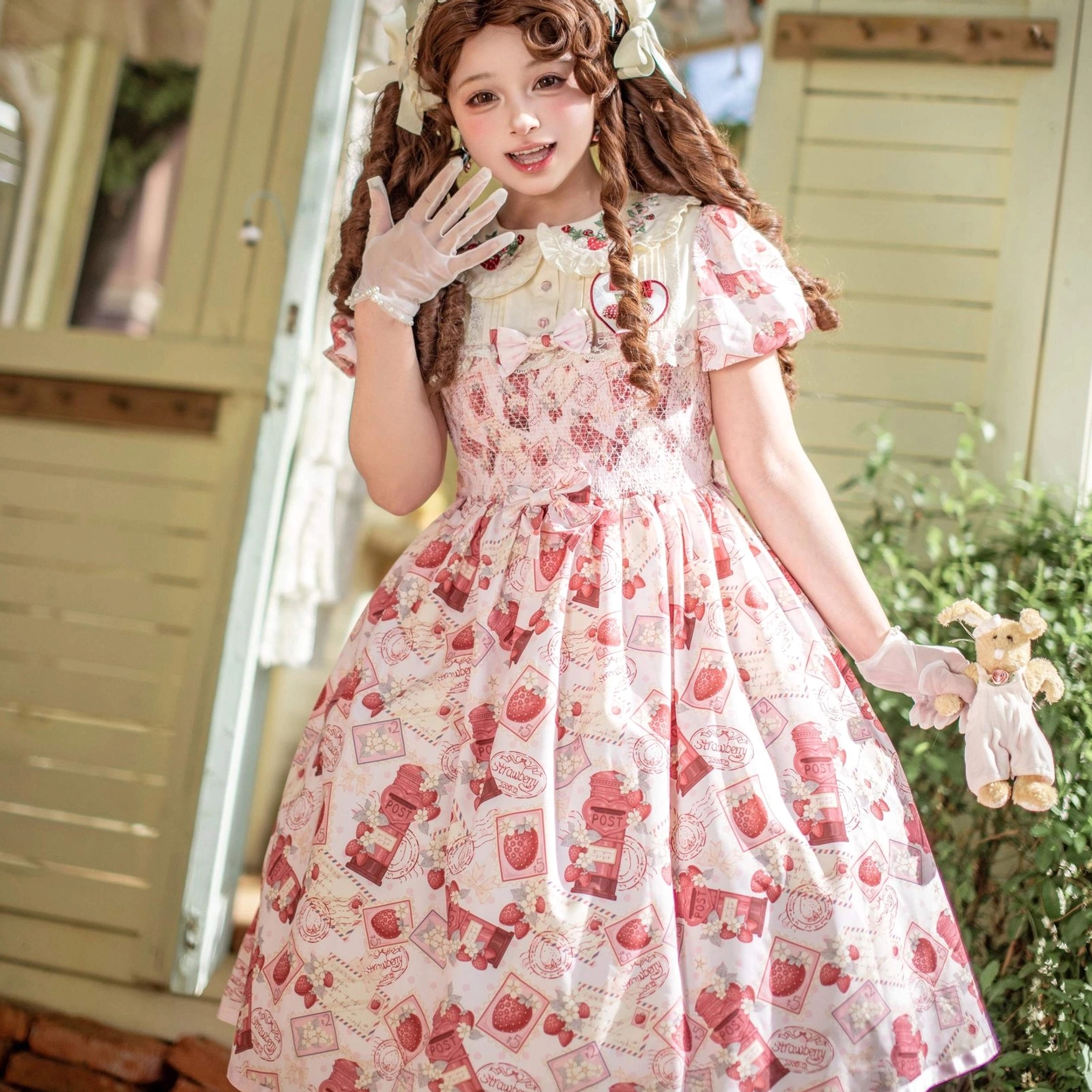 Strawberry print Lolita OP dress A-line skirt silhouette showing high-waisted proportions, bell-shaped bell-shaped flow, essential authentic lolita proportions and fit