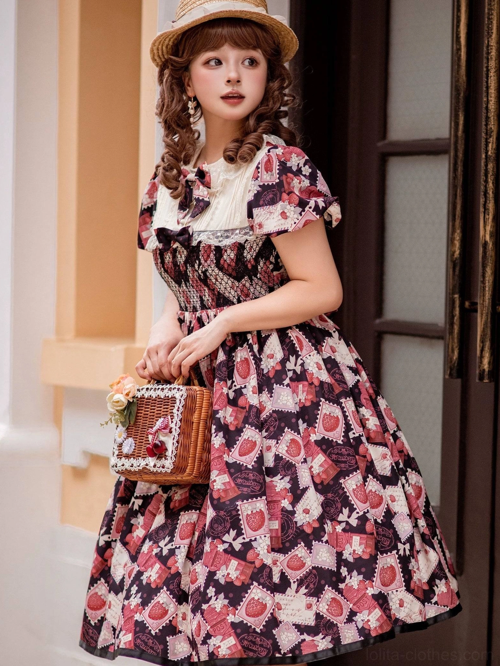 Strawberry print Lolita OP dress coordination example with shrug bolero and layering pieces, outerwear styling options maintaining authentic lolita proportions