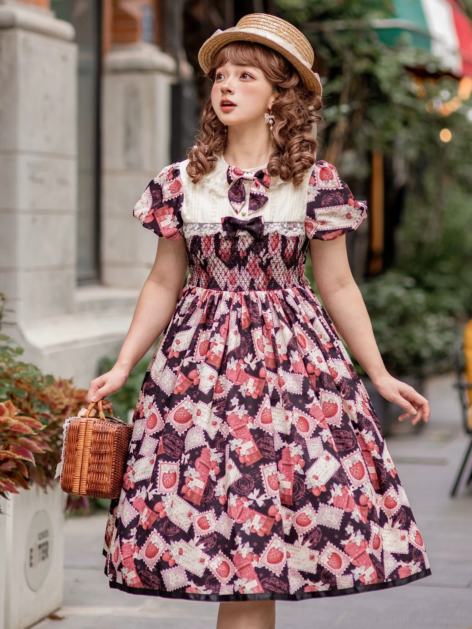 Strawberry print Lolita OP dress care instructions visualization, hand washing in cool water, air dry in shade, proper storage on padded hangers for longevity