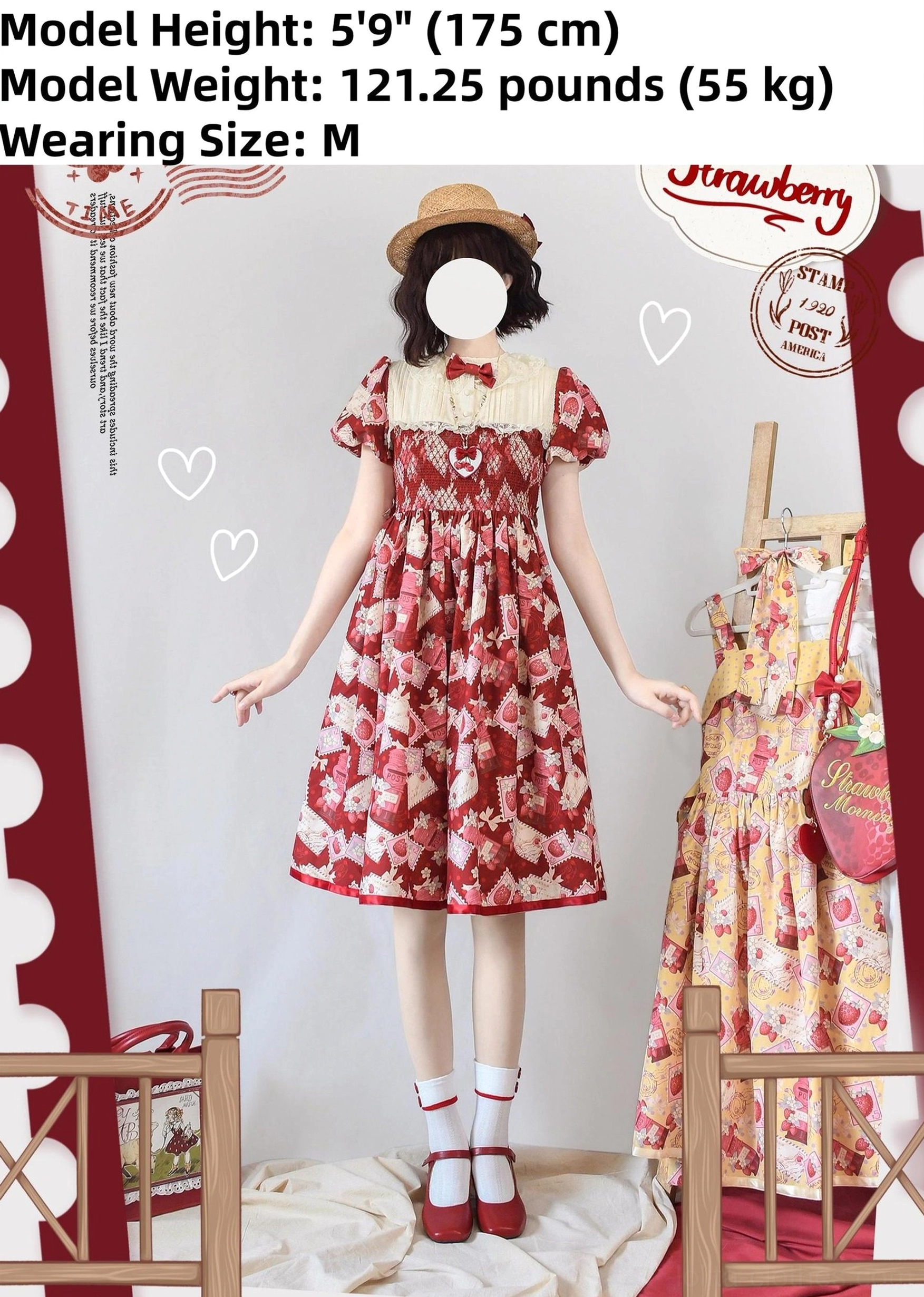 Strawberry print Lolita OP dress lifestyle photography in natural outdoor setting, authentic sweet lolita aesthetic in real-world context, coordinate inspiration