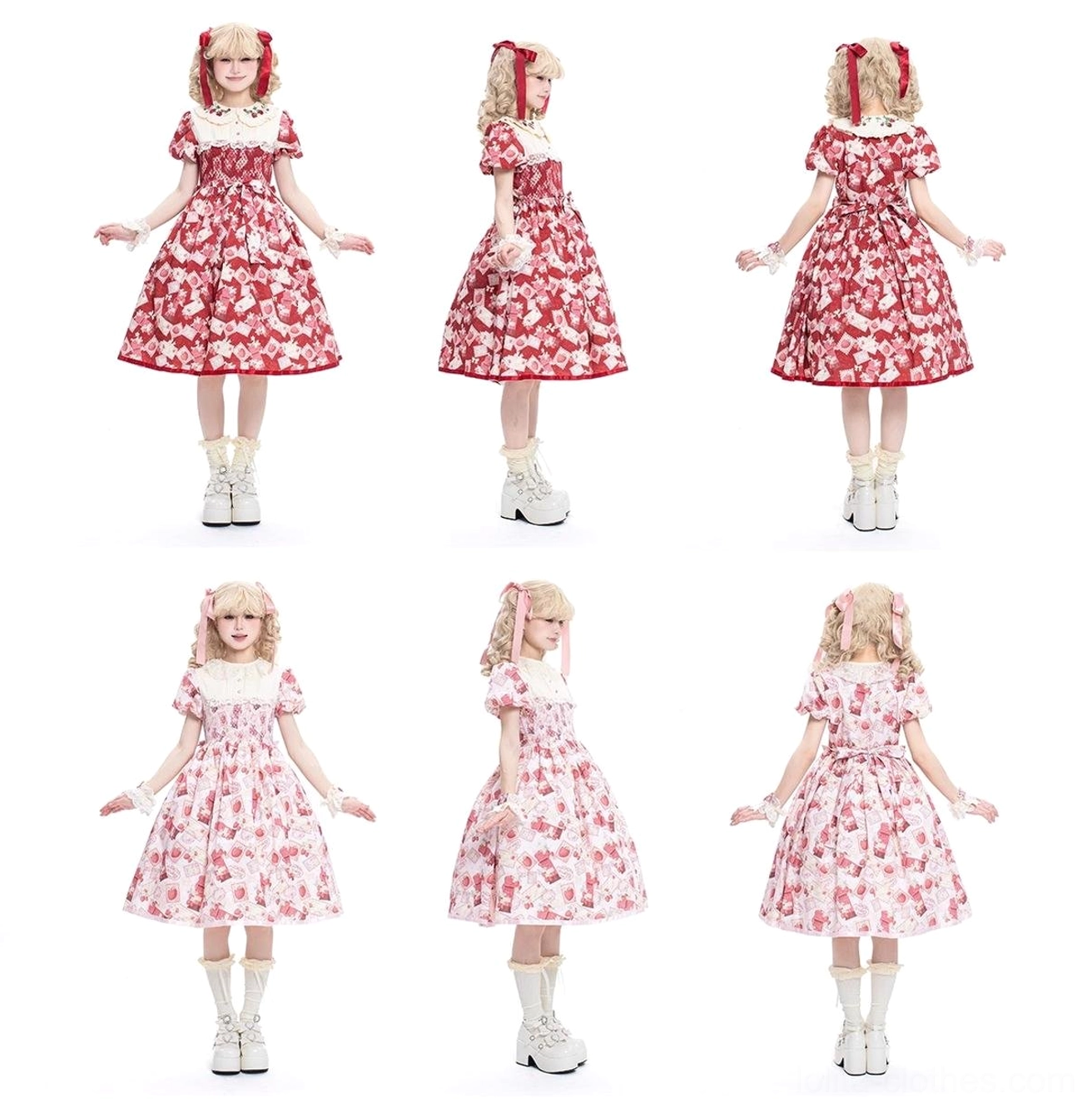Dual colorway strawberry print Lolita OP dresses comparison showing red and pink base color options, multi-angle display featuring front side and back views, Peter Pan collar puff sleeves A-line midi skirt