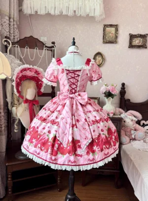 Sweet lolita strawberry OP dress front display with square neckline lace-up corset detail matching bonnet vintage bedroom background polka dot ribbon accent
