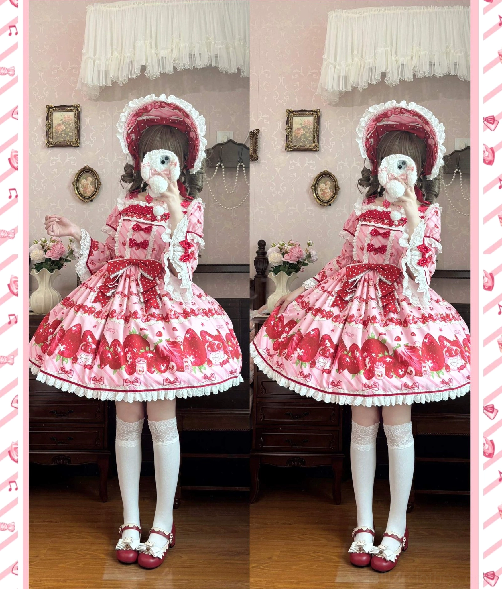 Two models wearing identical strawberry lolita OP dresses side-by-side front full body view vintage bedroom interior matching white stockings red shoes coordinate