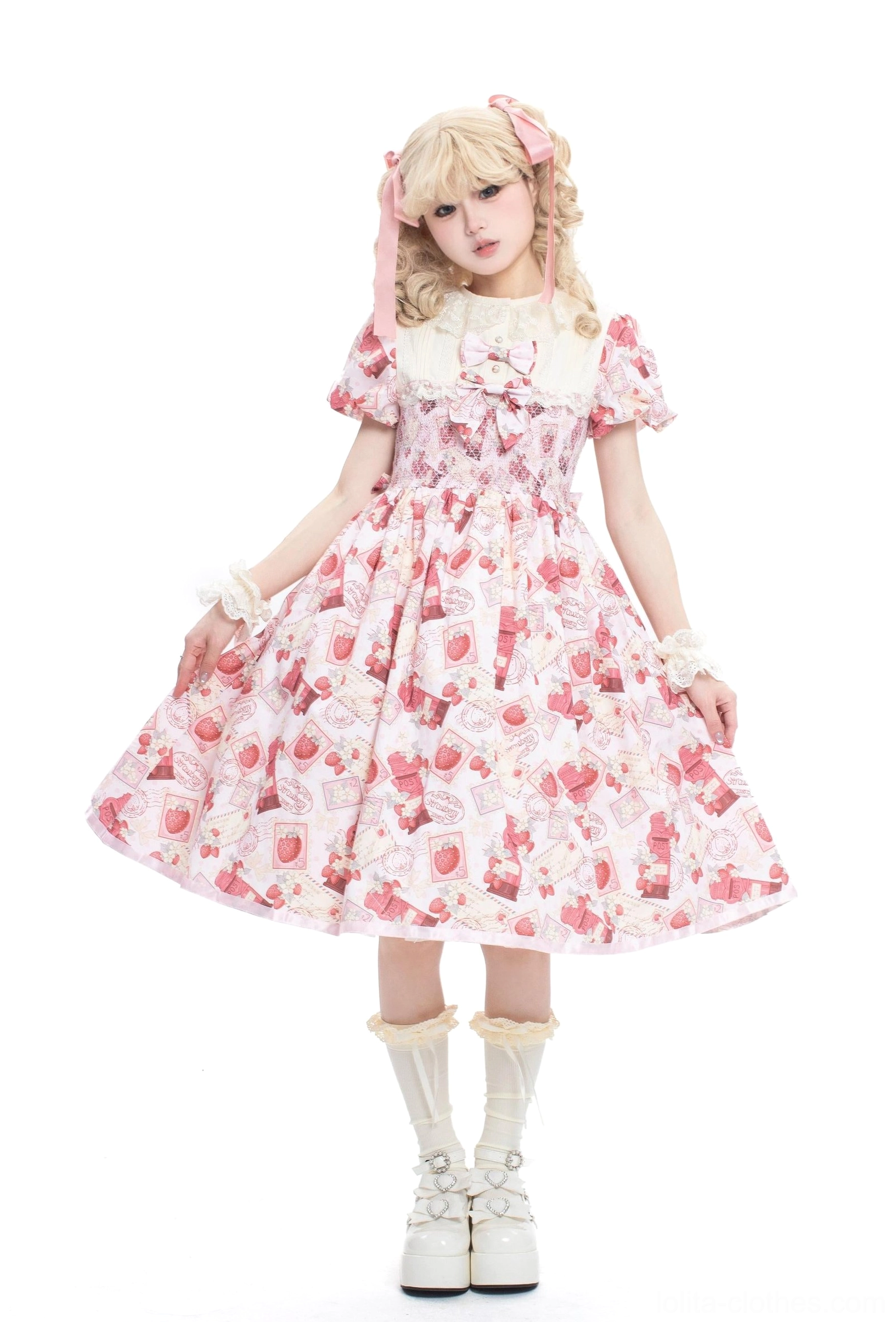 Strawberry Sweetness Lolita OP dress embroidered collar detail close-up showing intricate needle work, refined craftsmanship, subtle visual depth for formal events and coordinate photography