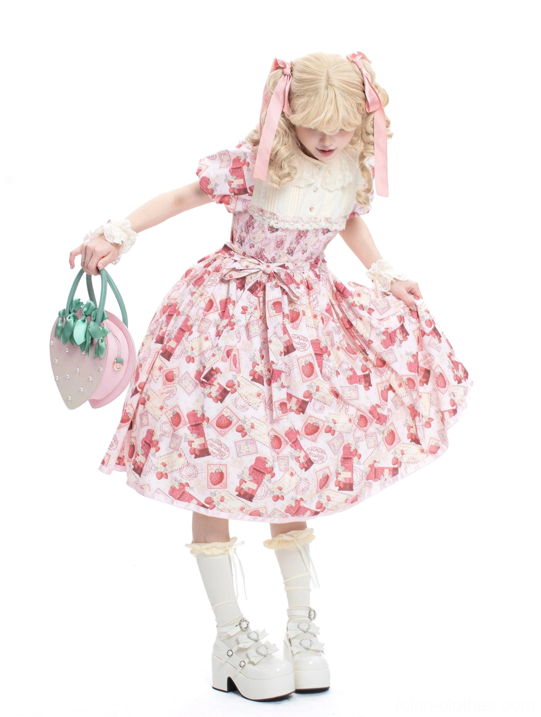 Strawberry Lolita OP dress lace collar variation detail featuring delicate lace trim, romantic vintage allure at neckline, suitable for sweet lolita tea parties and casual meetups