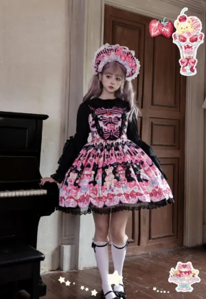 Strawberry Parfait black sweet lolita JSK dress front view with strawberry print and lace hem featuring adjustable straps and side pockets with matching headdress