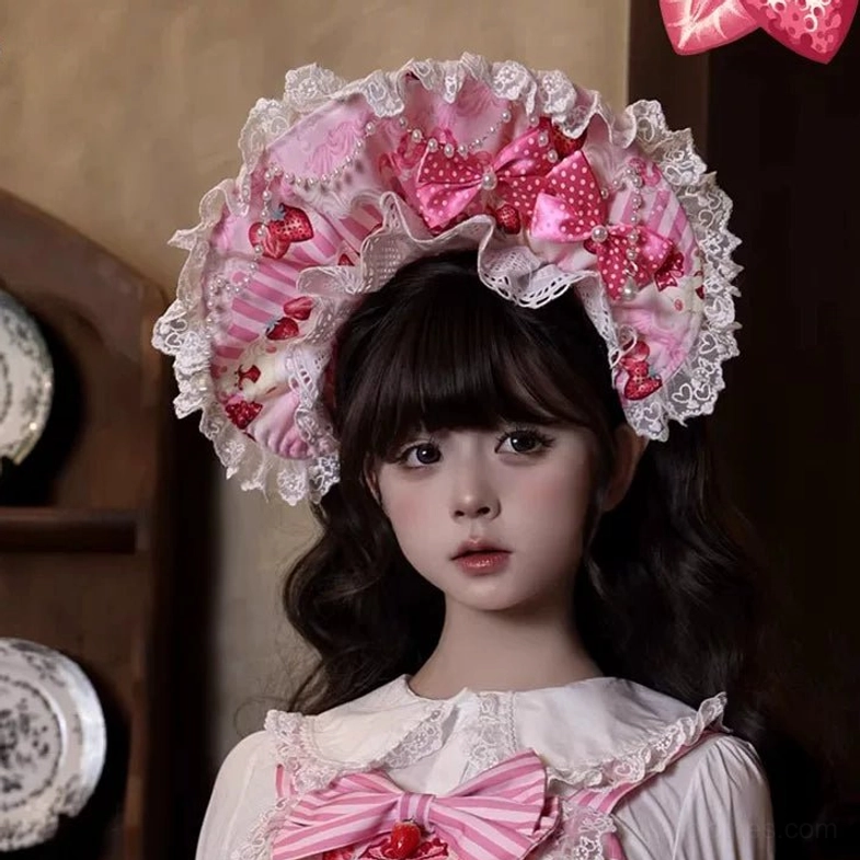 Strawberry Parfait pink sweet lolita JSK dress alternative pink colorway showcasing strawberry and dessert print design with lace details and bow decorations