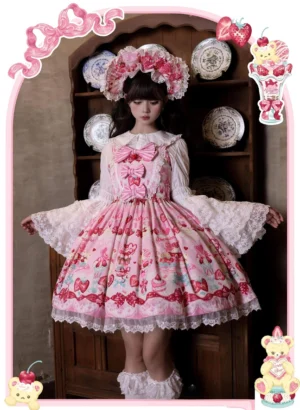 Strawberry Parfait pink sweet lolita jumper skirt full coordinate with white ruffled socks matching headdress and vintage wooden cabinet backdrop