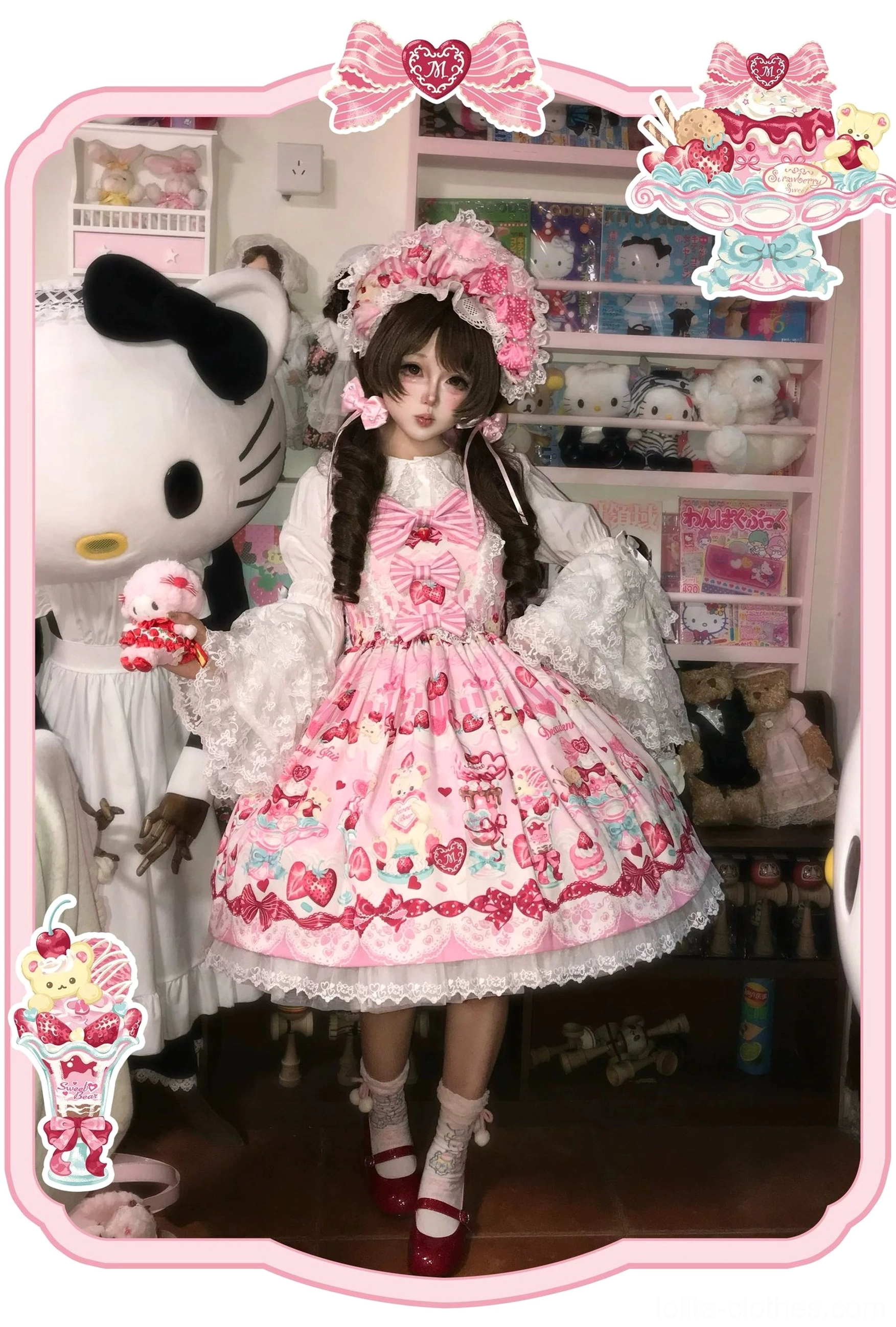 Strawberry Parfait pink sweet lolita JSK dress front full-body in pink decorative frame with red doll shoes white ruffled socks and Sanrio plush toys backdrop