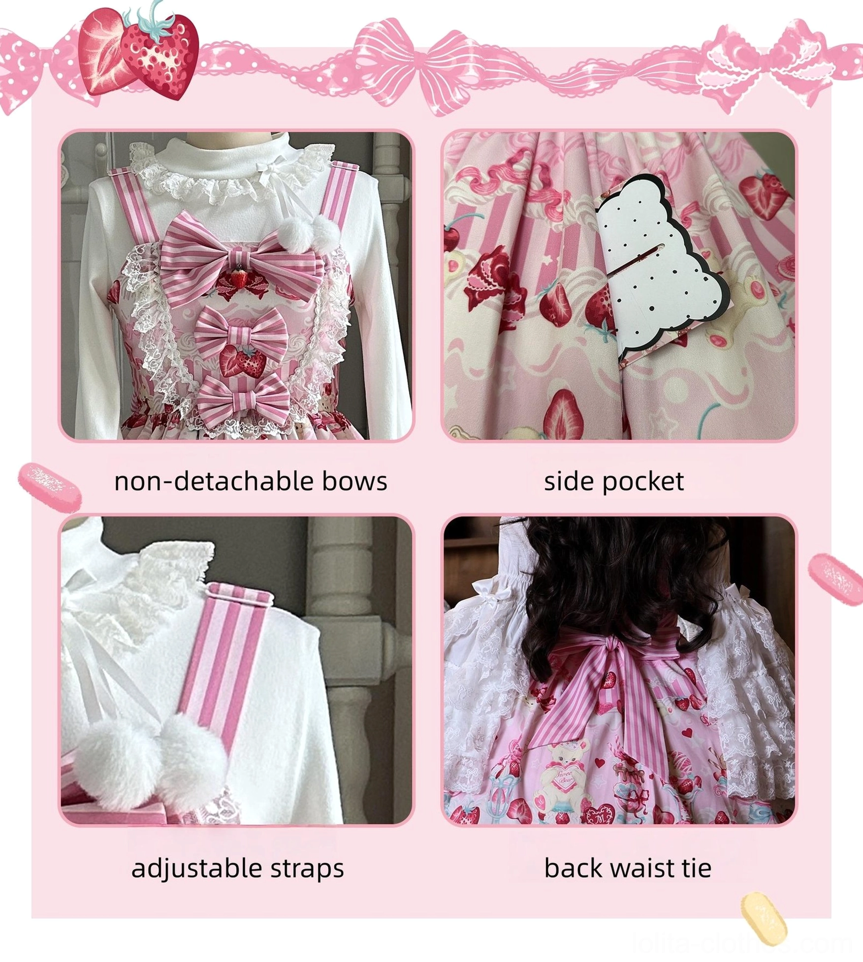 Strawberry Parfait sweet lolita JSK dress sizing chart measurements centimeters inches elastic bust waist length hime sleeve inner wear specifications