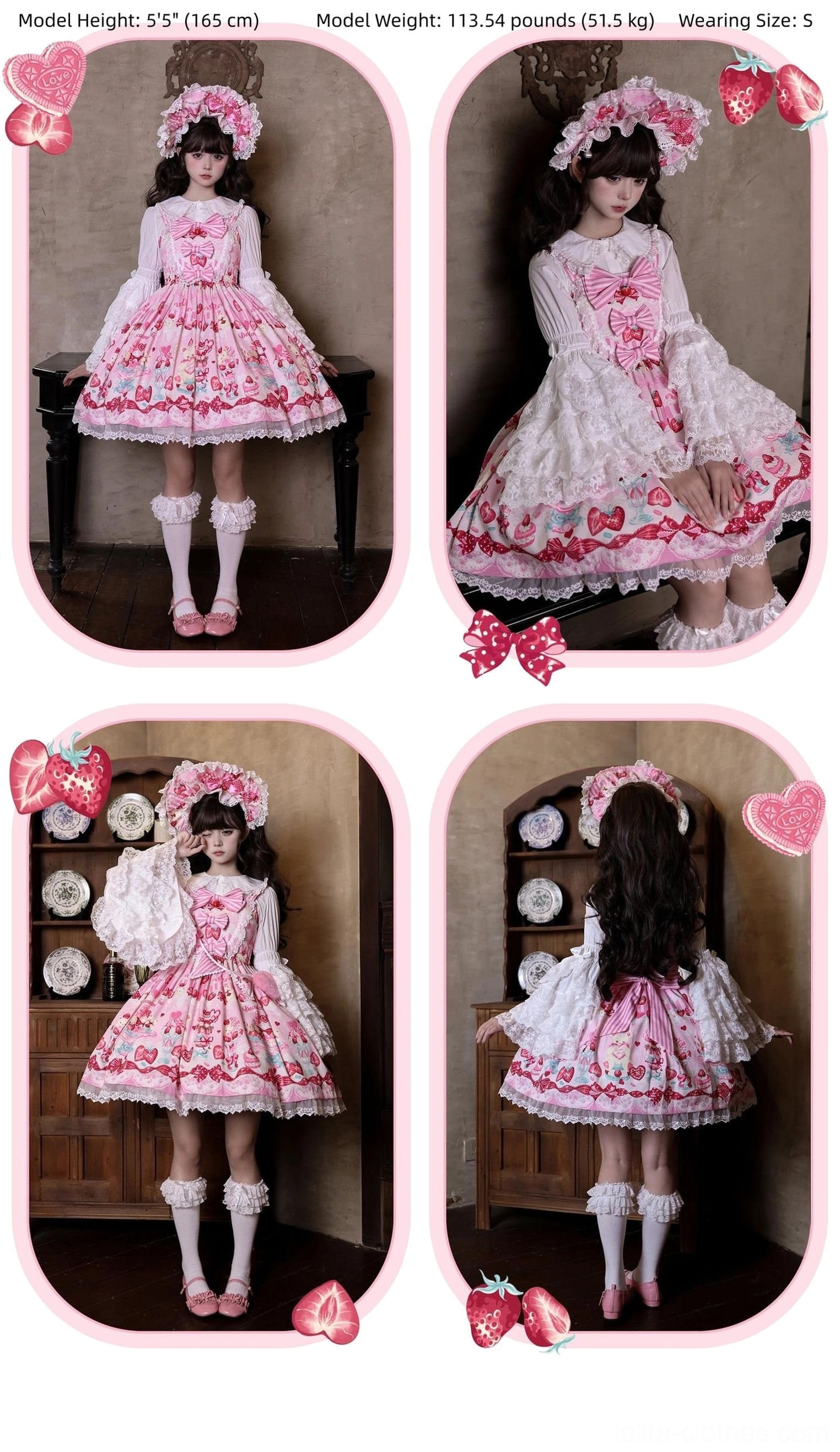 Strawberry Parfait sweet lolita JSK dress included hime sleeve inner wear 100 percent cotton white long-sleeve with lace details and side zipper