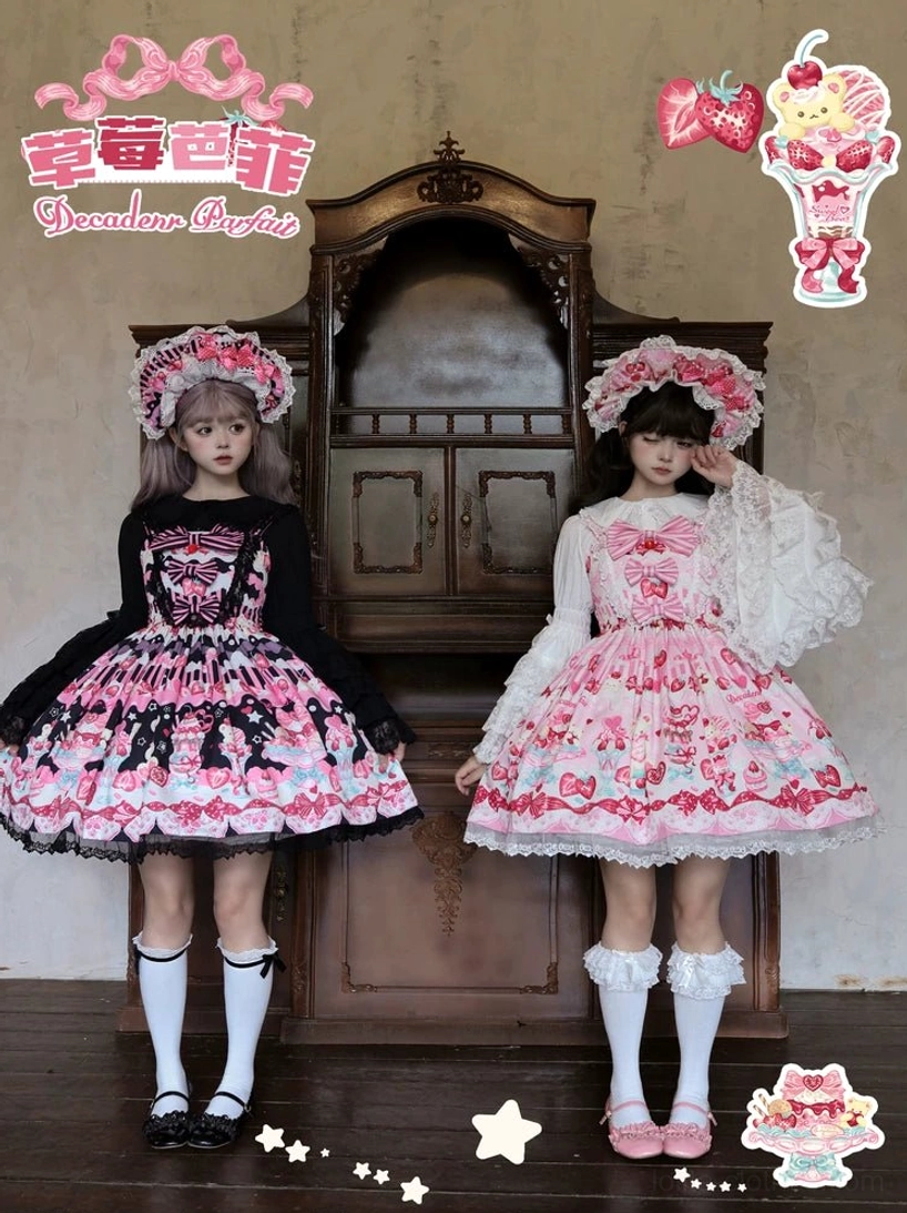 Strawberry Parfait sweet lolita JSK dress size and fit detail showing adjustable straps back shirring and elastic waist for comfortable wear all day