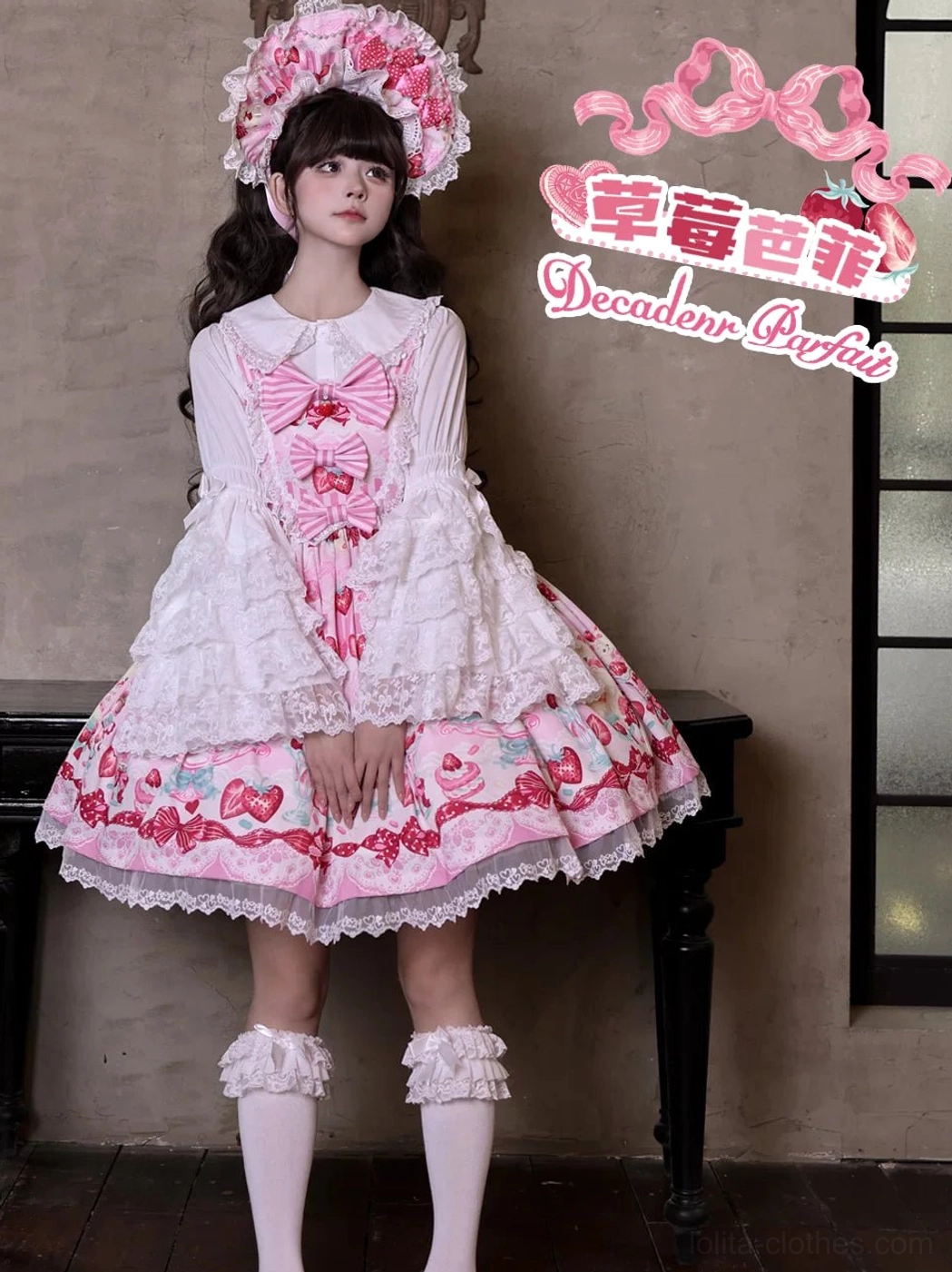 Strawberry Parfait sweet lolita JSK dress with white long-sleeve inner blouse front three-quarter full-body wearing matching headdress and white ruffled socks