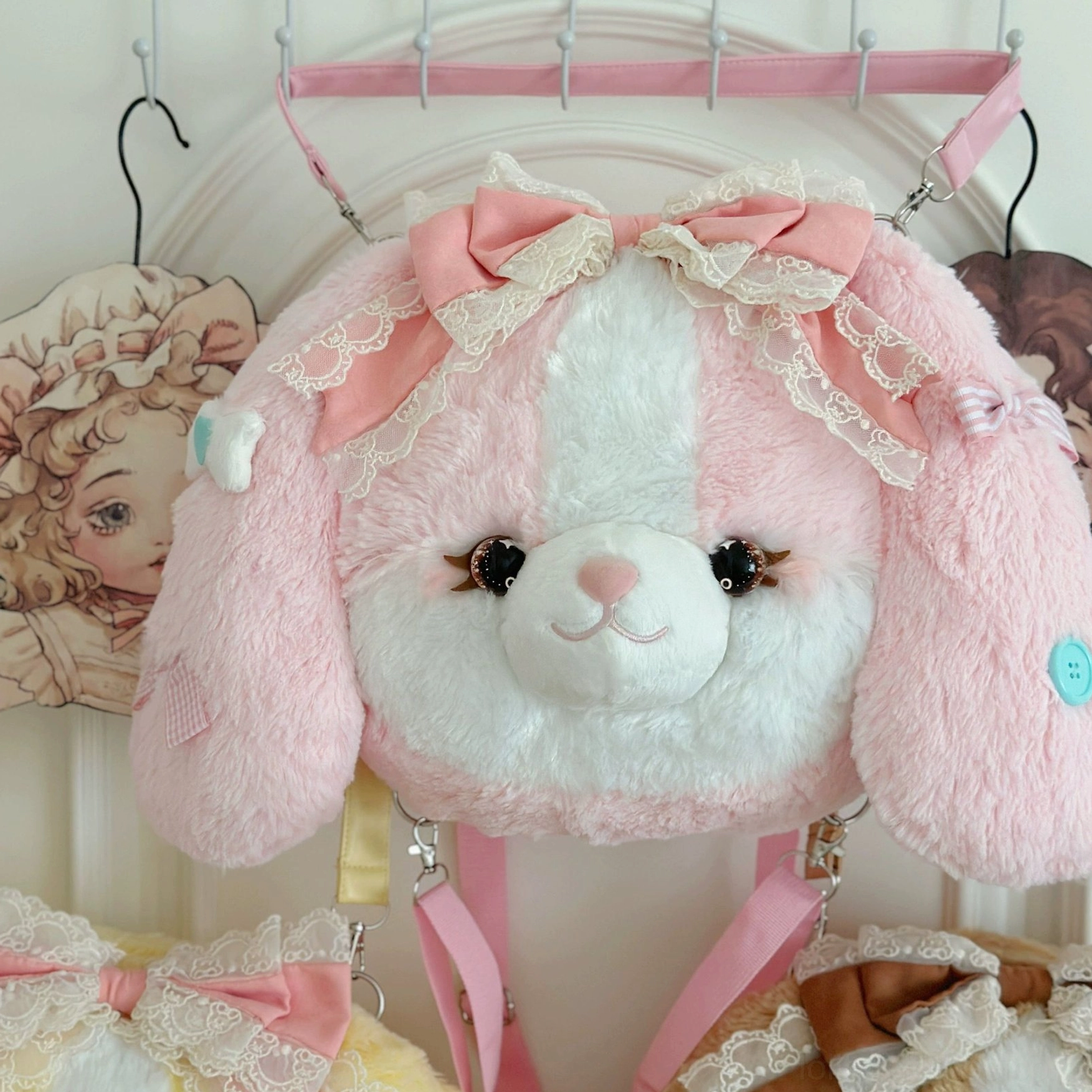 Strawberry pink Cocker Spaniel plush lolita backpack product shot showing color variant and sweet lolita aesthetic details