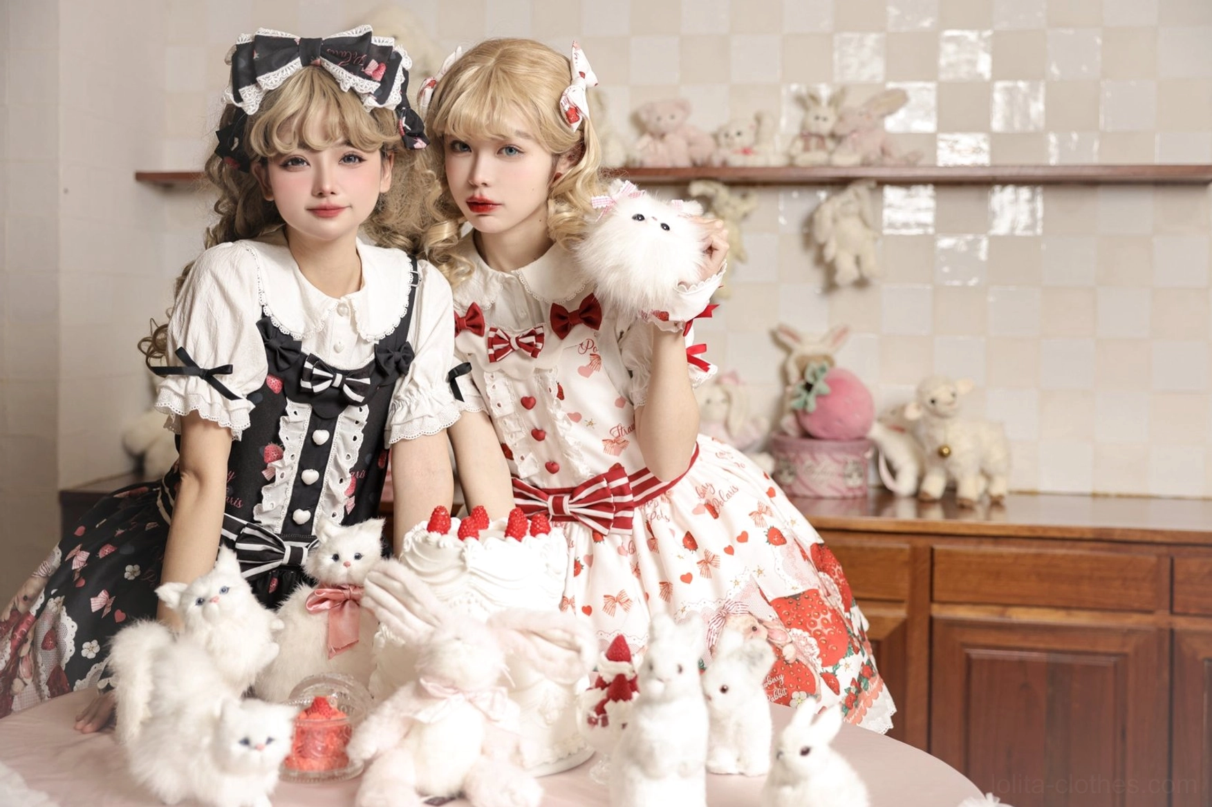 Strawberry rabbit lolita salopette all-over print pattern detail showing playful bunny strawberry and bow motifs on polyamide fabric