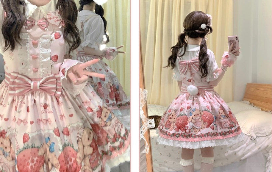 Strawberry rabbit lolita salopette sizing comparison small and large options on models showing fit differences