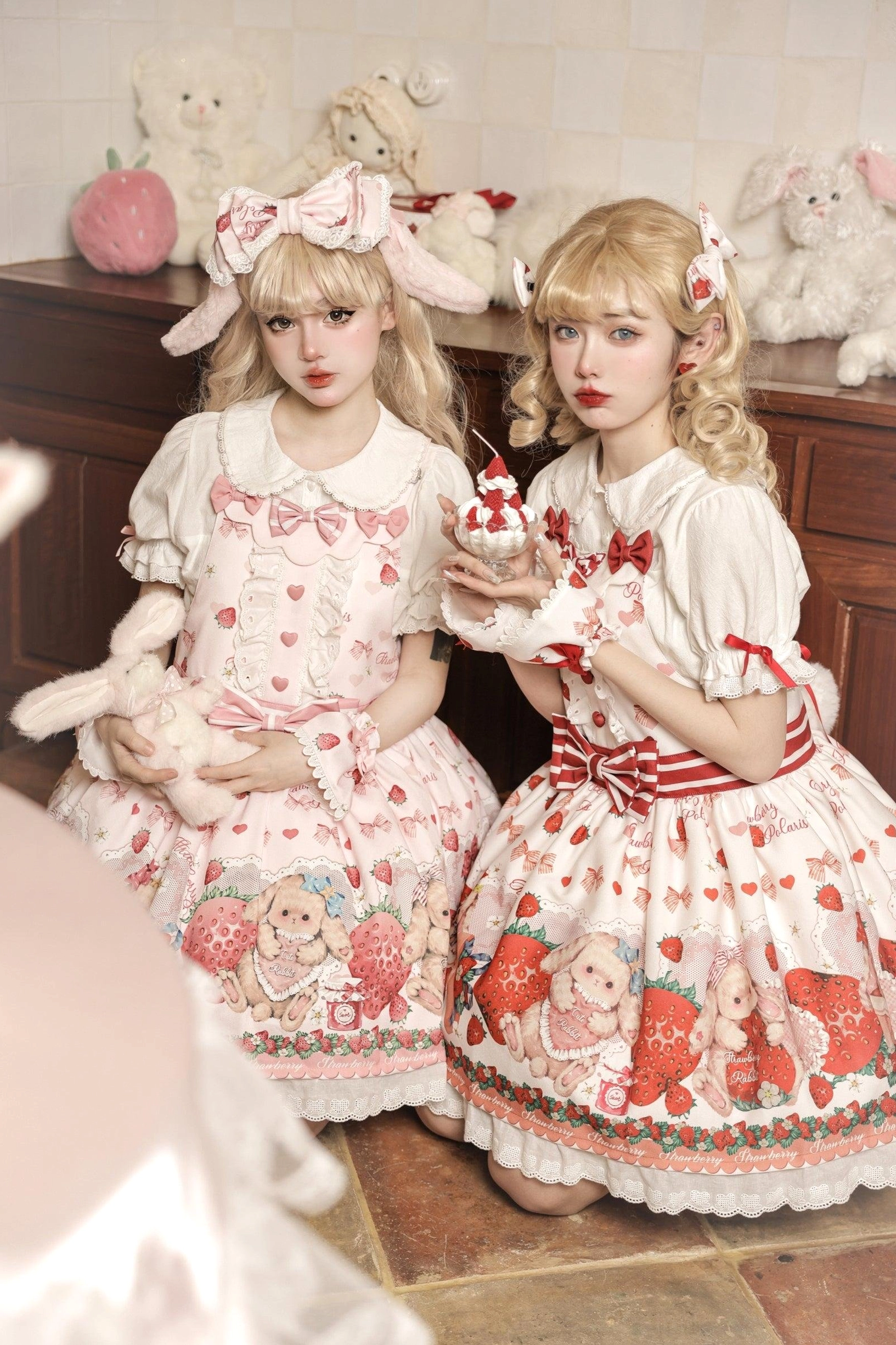Strawberry rabbit sweet lolita salopette dress waist area detail highlighting large striped bow white rabbit tail and lace construction