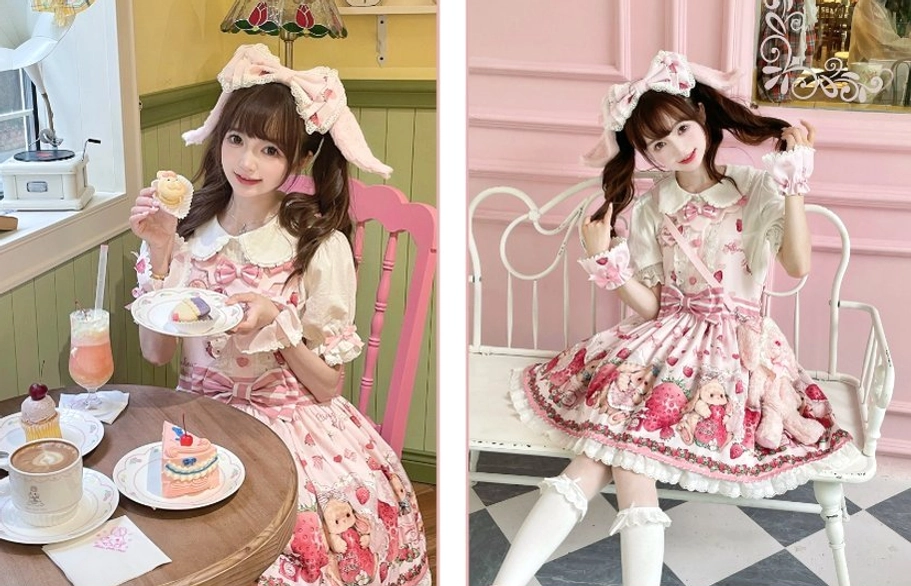 Strawberry rabbit lolita salopette white coordinating blouse piece from complete gift set peter pan collar design