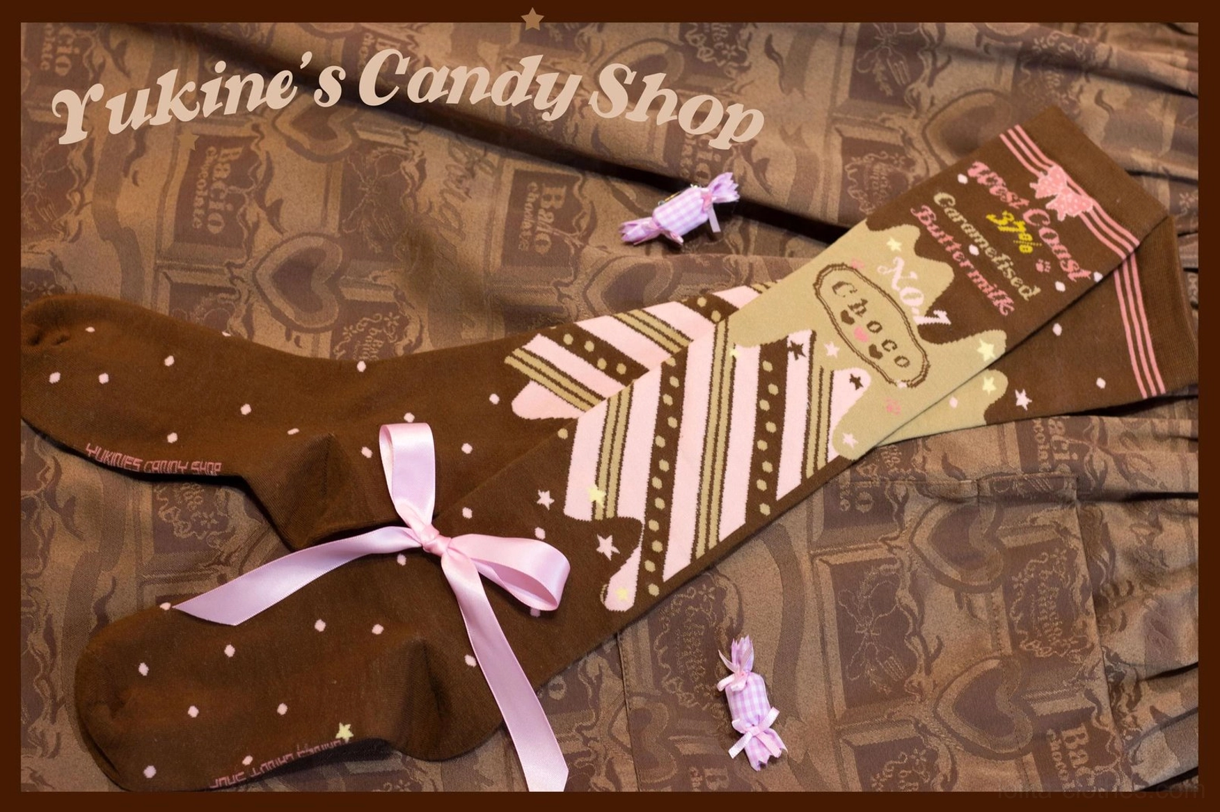 Chocolate lolita socks strawberry red-chocolate color option mid-calf length with confectionery themed prints