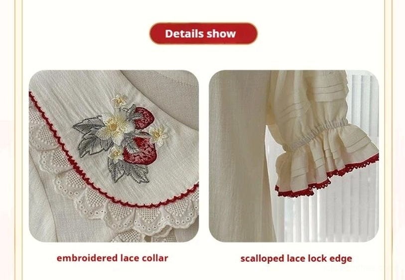 Girl wearing ivory strawberry sweet lolita blouse with Peter Pan collar and matching skirt half front mirror selfie view showing embroidered collar detail