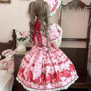 Strawberry lolita one-piece dress back view showing lace-up corset back design large red waist bow and tiered skirt hem with red fabric trim