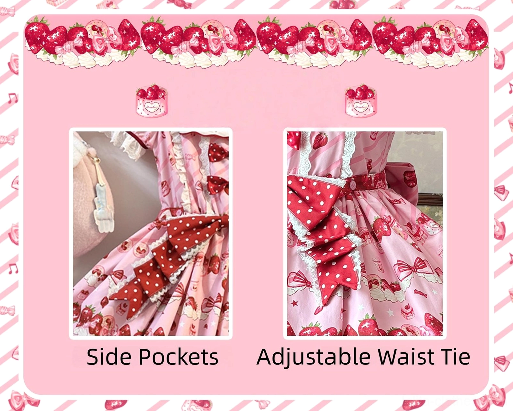 Strawberry lolita dress product information poster highlighting side pockets and adjustable waist tie features with close-up back lacing and waist bow details pink border