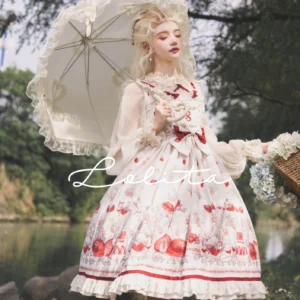 Strawberry sweet lolita jumper dress full front view with blonde model holding lace parasol lakeside woodland outdoor setting white base red bow decorations