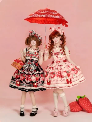 Sweet Lolita strawberry jumper skirt pink and black colorways full-body group photo studio shot with vintage accessories lace umbrella picnic basket props