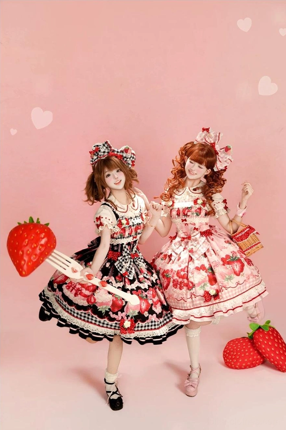 Strawberry sweet Lolita jumper skirt accessory detail hair bow matching gingham polka-dot coordinate styling element