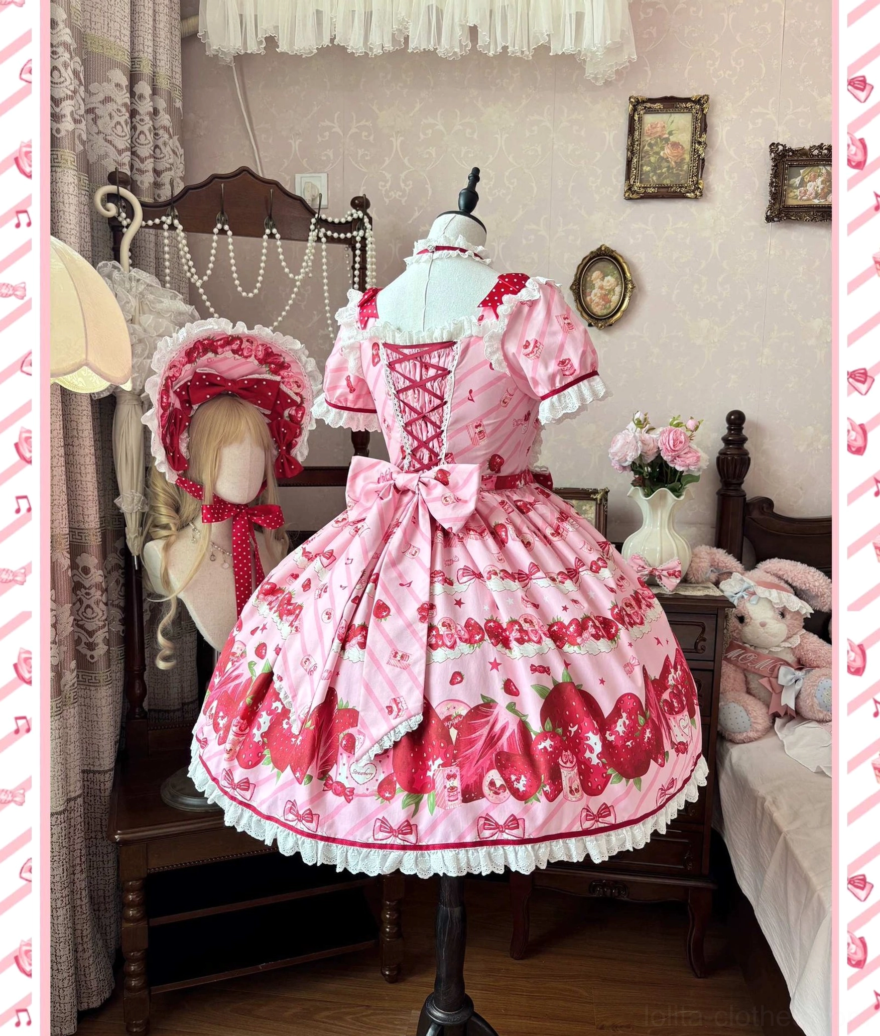 Strawberry sweet lolita OP dress back view on mannequin lace-up back closure detachable waist bow white ruffled lace hem trim vintage bedroom decor