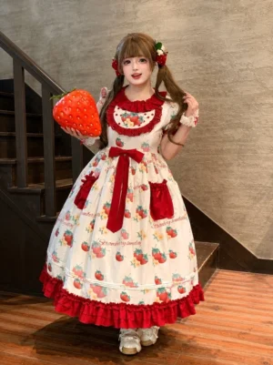 Plus size strawberry print sweet Lolita OP dress front view worn by model with twin-tails and strawberry hair clips holding oversized artificial strawberry prop kawaii aesthetic