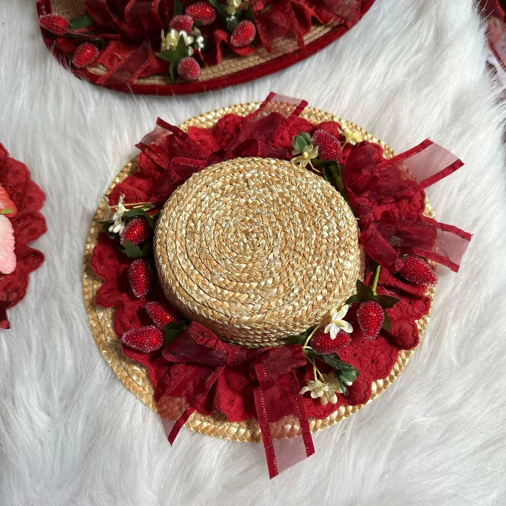 Strawberry sweet lolita woven straw hat accessory with fixed hair clip wine red bow and floral embellishments