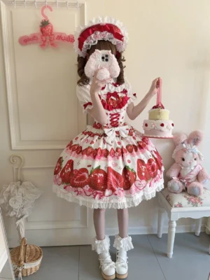 Strawberry Tale sweet Lolita JSK dress in white base with red strawberry prints, full-body front view on model wearing matching white frilly bonnet and platform shoes