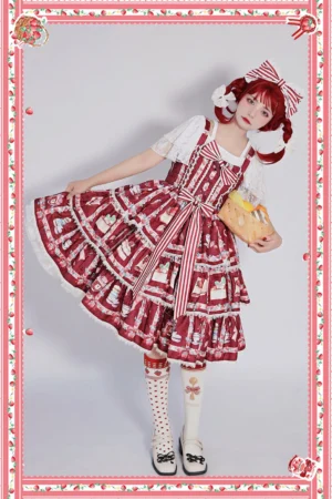 Strawberry Tea tiered ruffle lolita JSK dress wine red colorway full body three-quarter front view model wearing matching hair bow bread basket white blouse striped socks black Mary Jane shoes