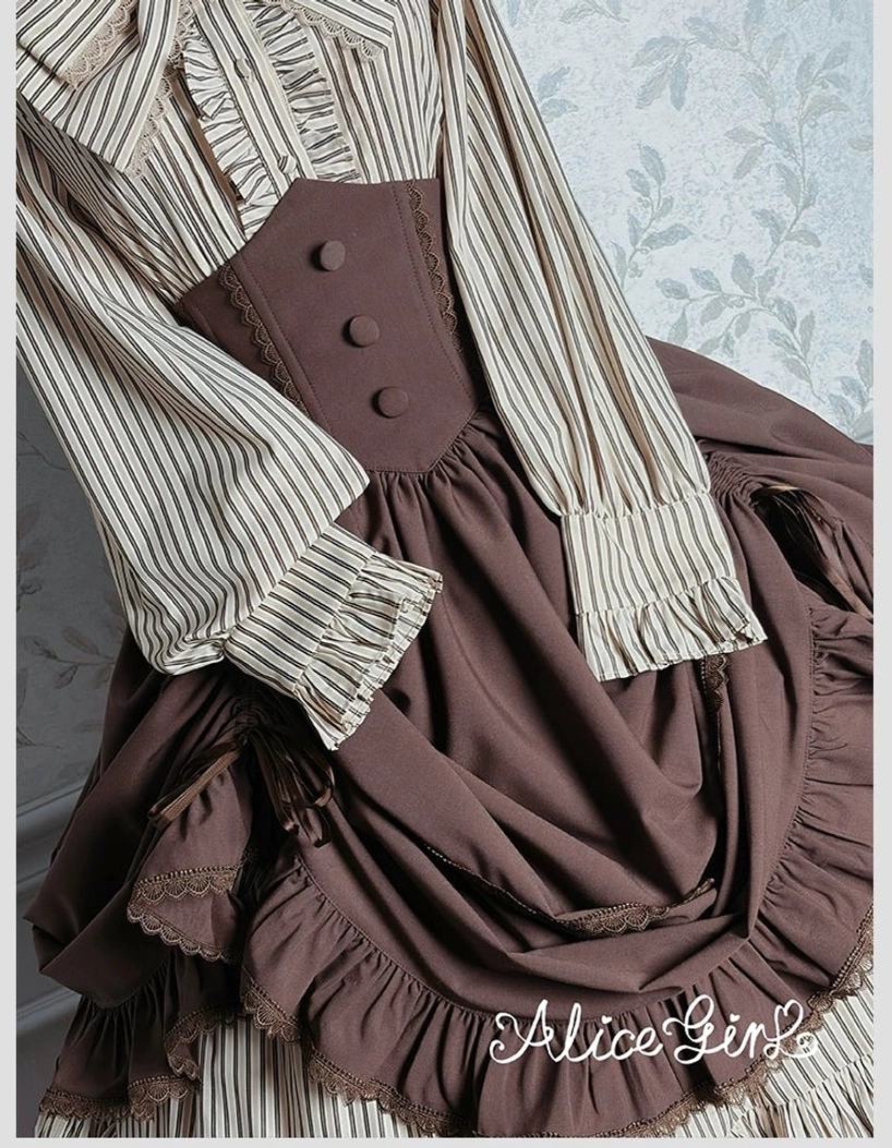 Everyday casual wear demonstration of striped lolita blouse with structured trousers styling