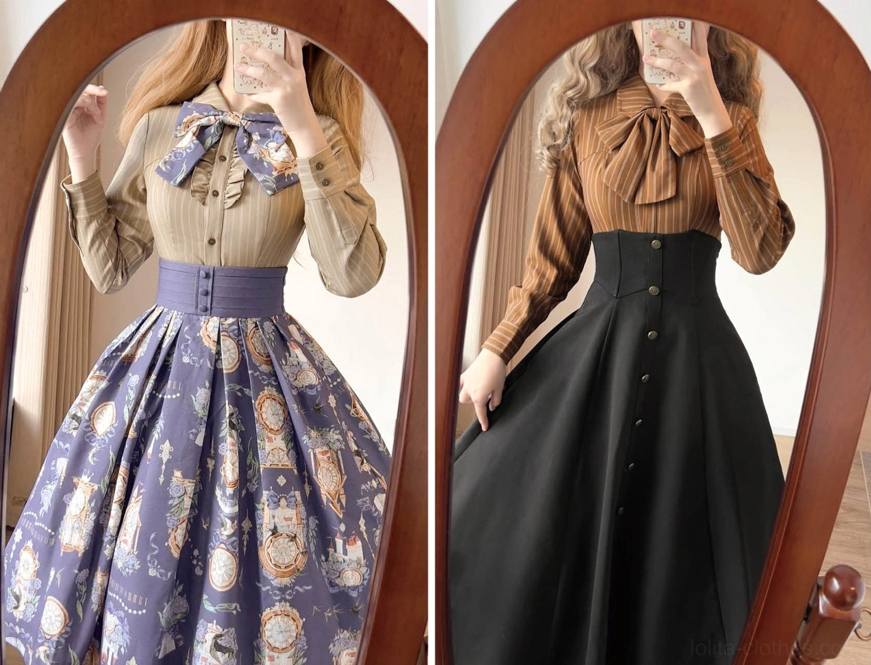 Detachable bow tie collar detail classic Lolita striped blouse, structured pointed lapel design, ruffled front placket trim