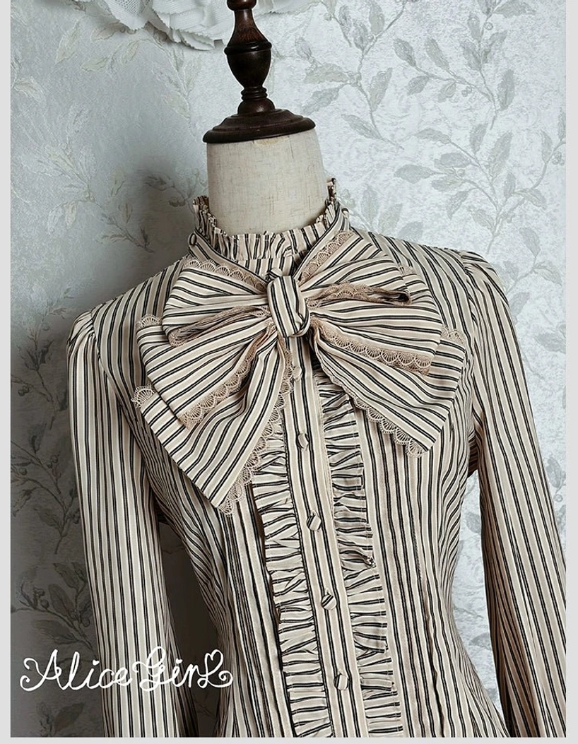 Detachable bow removal demonstration of striped lolita blouse showing versatile styling options
