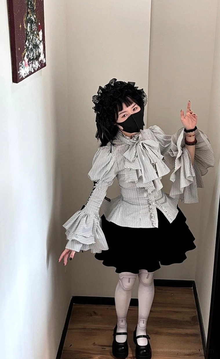 Fabric close-up of Gothic Lolita striped blouse showing texture and stripe pattern detail with premium modal-polyester-polyamide blend