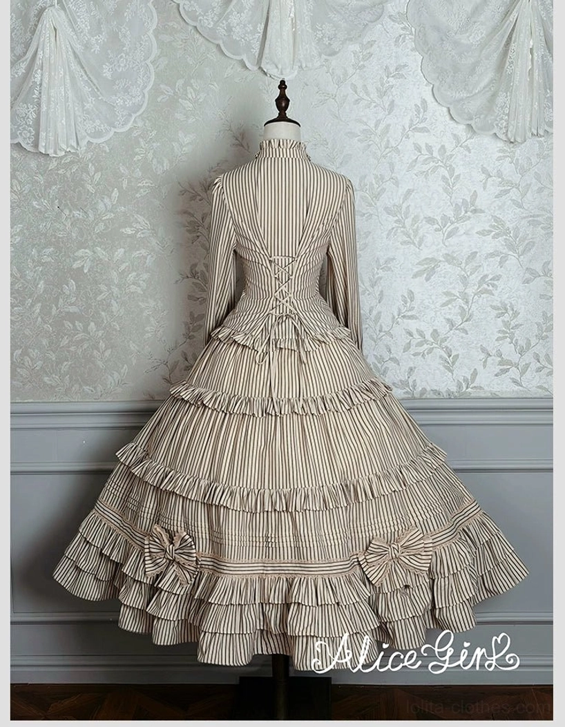 Lace-up back corset closure detail of striped lolita blouse showing adjustable fit system
