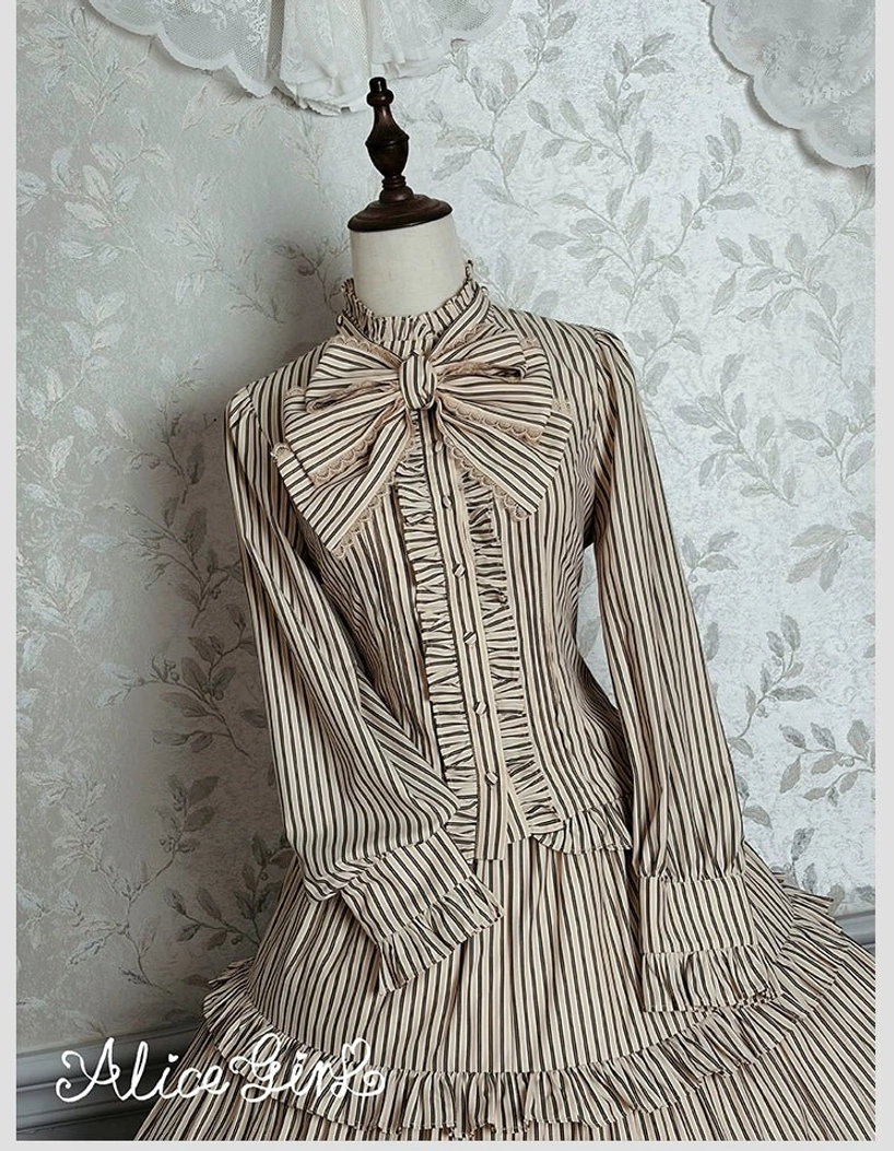 Striped lolita blouse coordinated with matching full-length ruffled skirt front view mannequin display