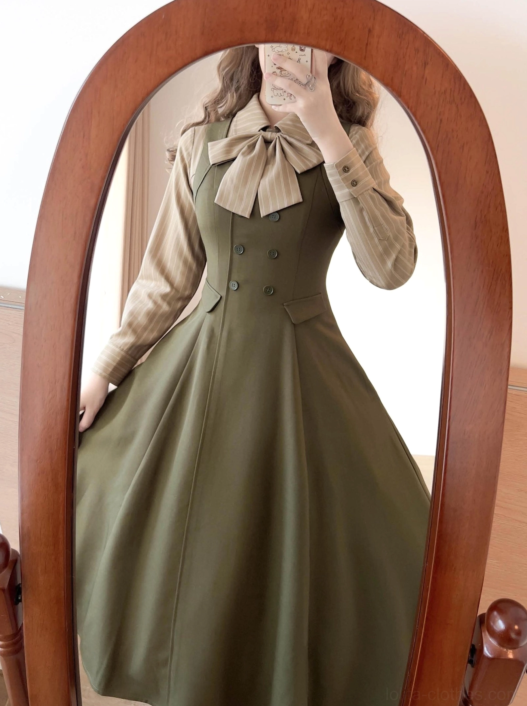 Mocha brown and khaki striped Lolita blouse color comparison display, vertical pinstripe pattern variations, flat lay arrangement