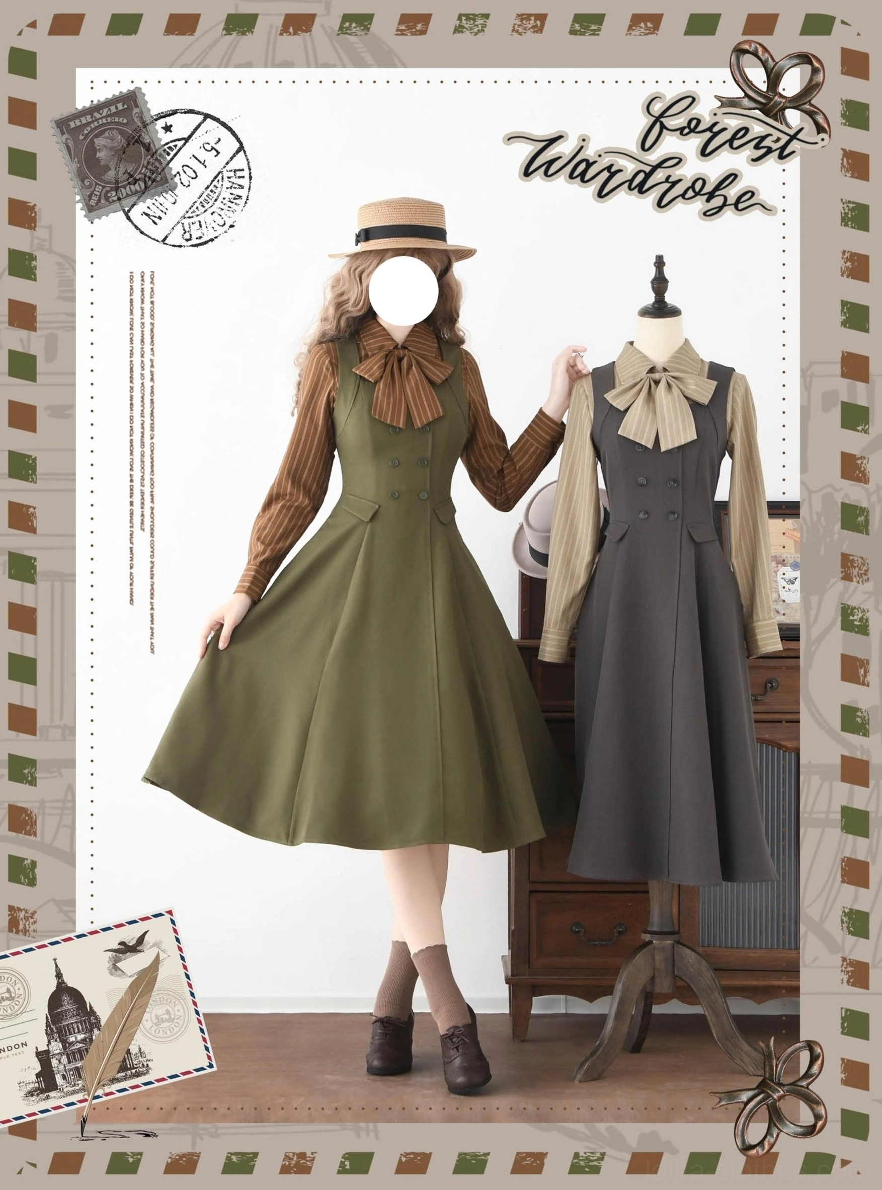 Full body model wearing striped Lolita blouse with olive green pinafore dress coordinate, vintage postcard border styling, height 175cm