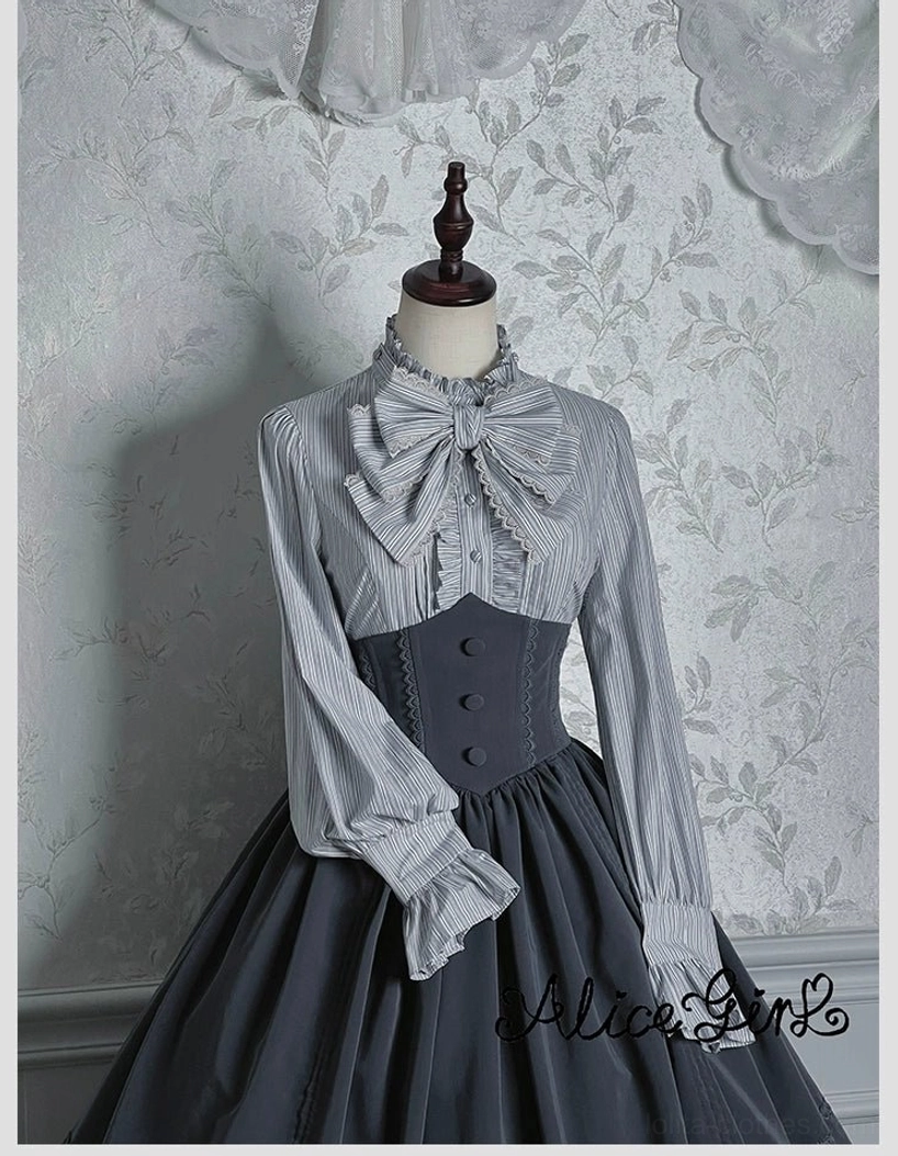 Full-body side profile of striped lolita blouse on mannequin showing silhouette and proportions