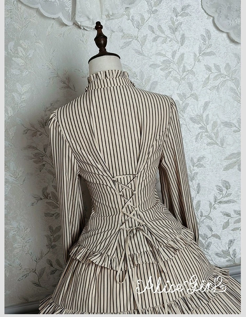 Victorian striped lolita blouse and matching layered skirt back view showing coordinated ruffles